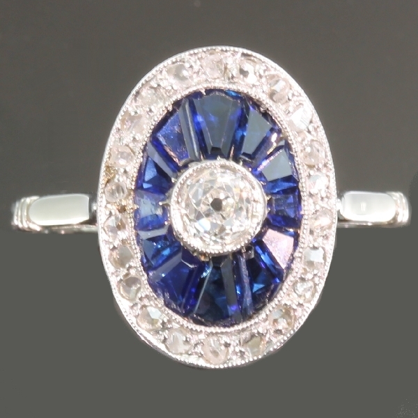 Most elegant French Art Deco engagement ring with diamonds and sapphires from the antique jewelry collection of www.adin.be